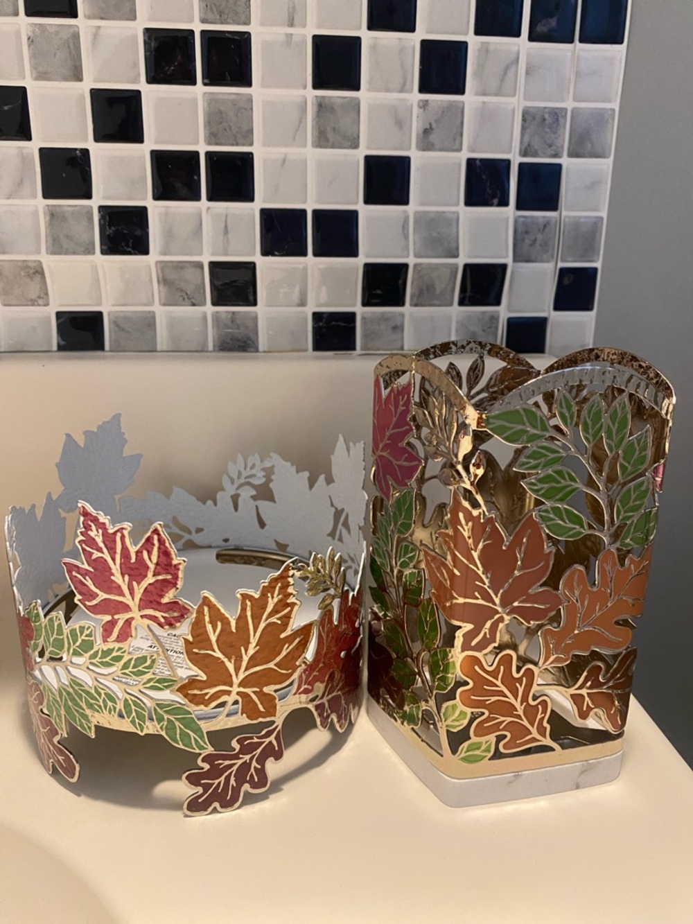 Decorative Autumn Leaf Metal Candle and hand soap Holder Set in Multicolor